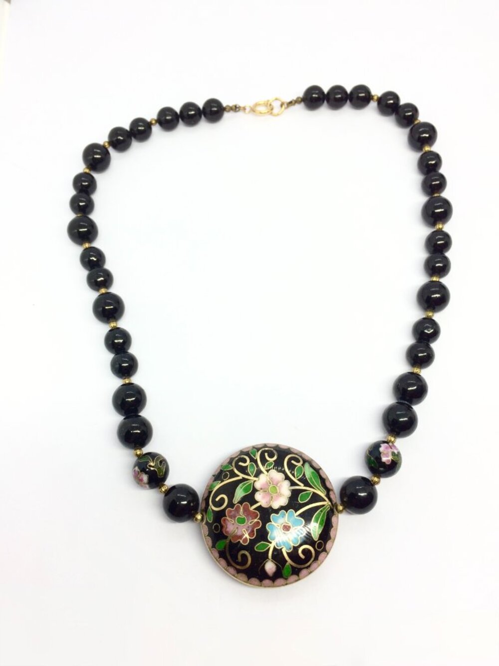 VINTAGE CLOISONNE NECKLACE Black Bead Floral Pendant Gold Tone Statement 22in - Picture 7 of 16